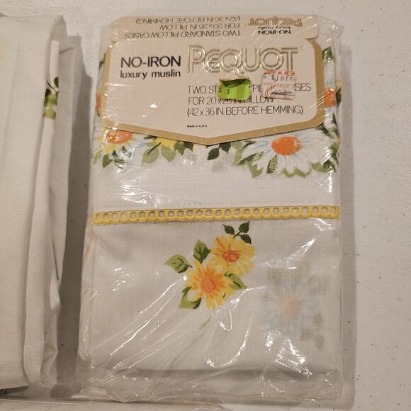 Pequot Twin Size Vintage Muslin Sheet Set Standard Pillowcases White Floral New‎ - Picture 3 of 6
